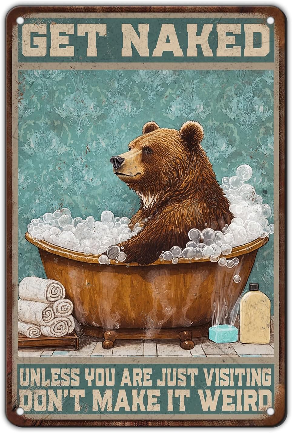 Home Bathroom Tub - Bear Bath Metal Tin Sign Inch