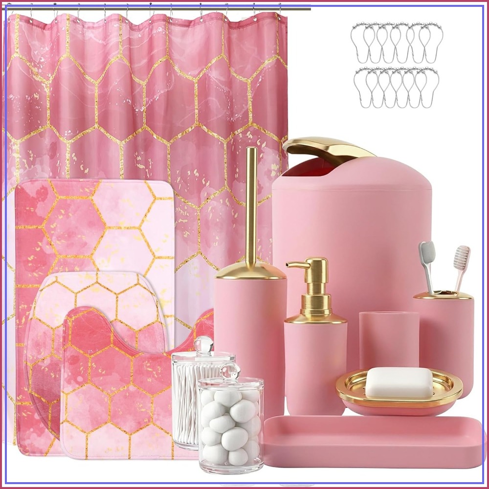 25 Piece Pink and Gold Bathroo - Toothbrush Holder Set ulasan dan harga