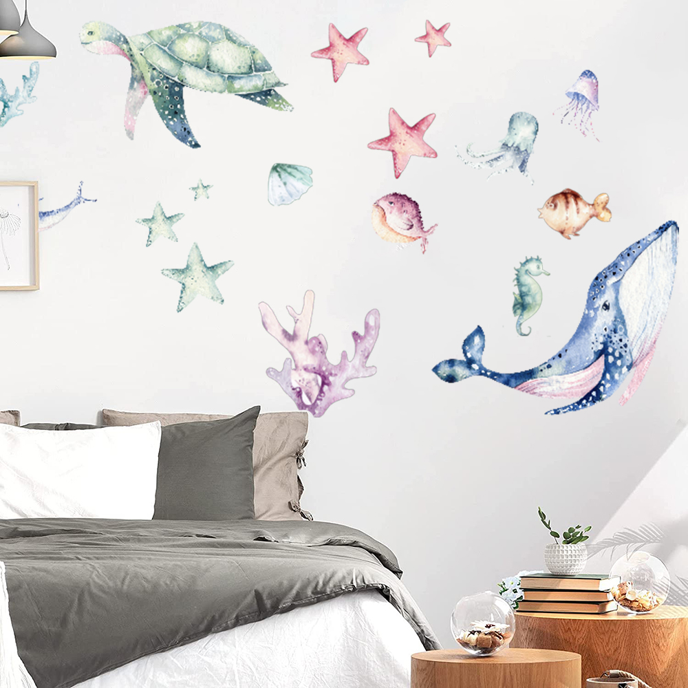 Watercolor Sea Life Ocean Wall - Home Bathroom Floor Tiles ulasan dan harga