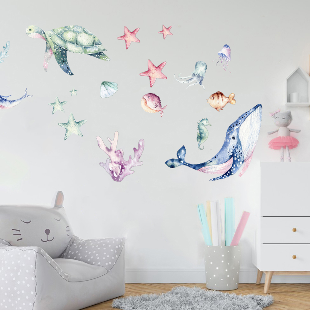 Watercolor Sea Life Ocean Wall - Home Bathroom Floor Tiles ulasan dan harga